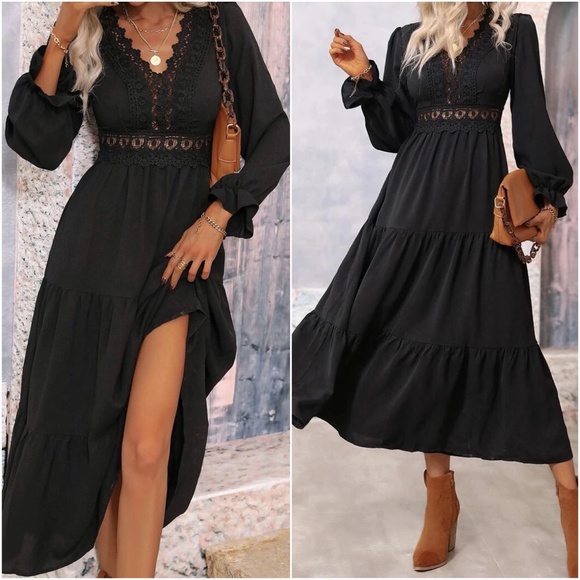 Classic V neck Black Lace Ruffle Maxi Dress - Picture 1 of 3